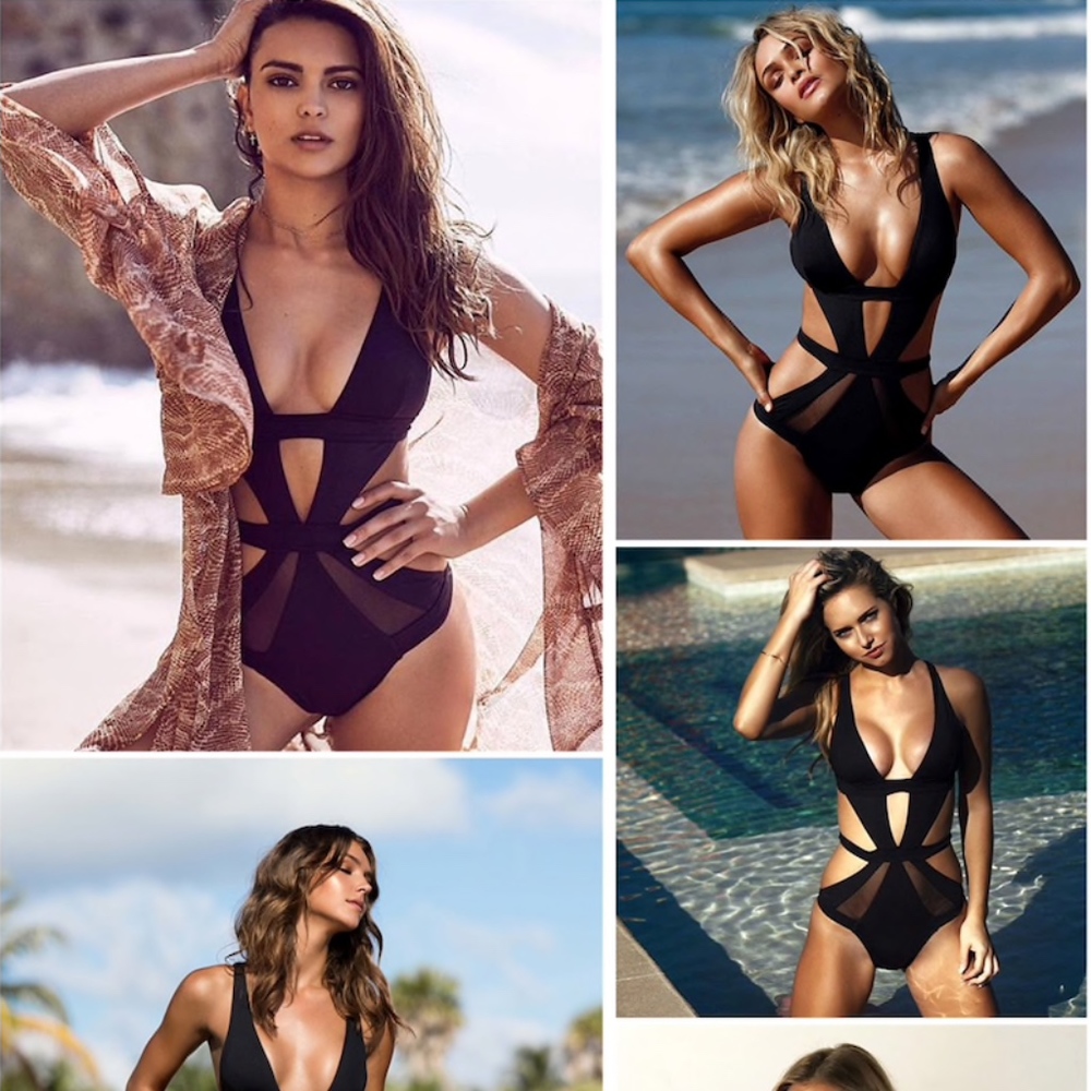 Strappy Mesh Detail One Piece Swimsuit White/Black - Picture 6 of 8